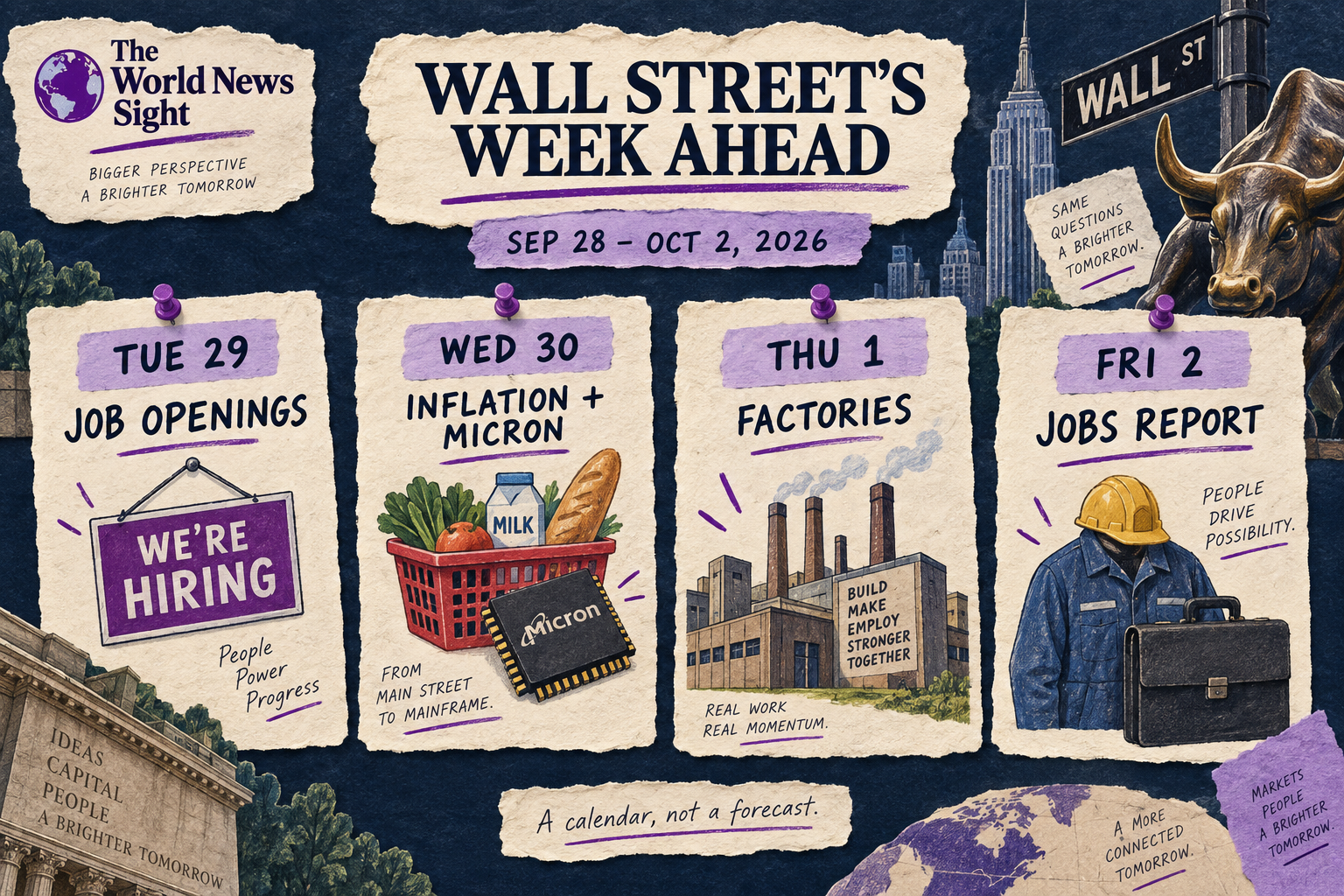 Hand-drawn week-ahead calendar: job openings Tuesday, inflation and Micron Wednesday, manufacturing Thursday and jobs Friday.